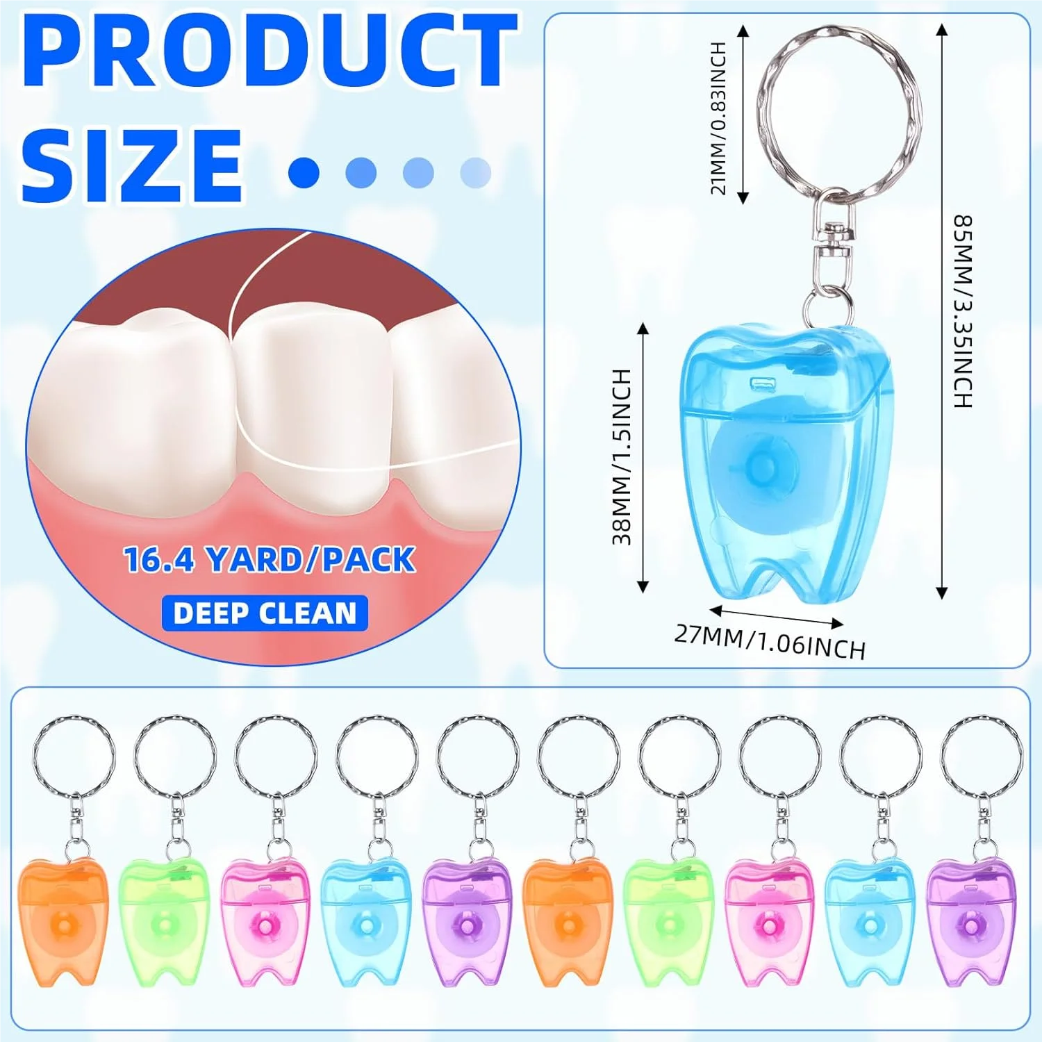 100pcs Dental Floss Keychain With Logo Tooth Shape Key Chain Interdental Brush Tooth Cleaning Stick 15M Teeth Wire Customized