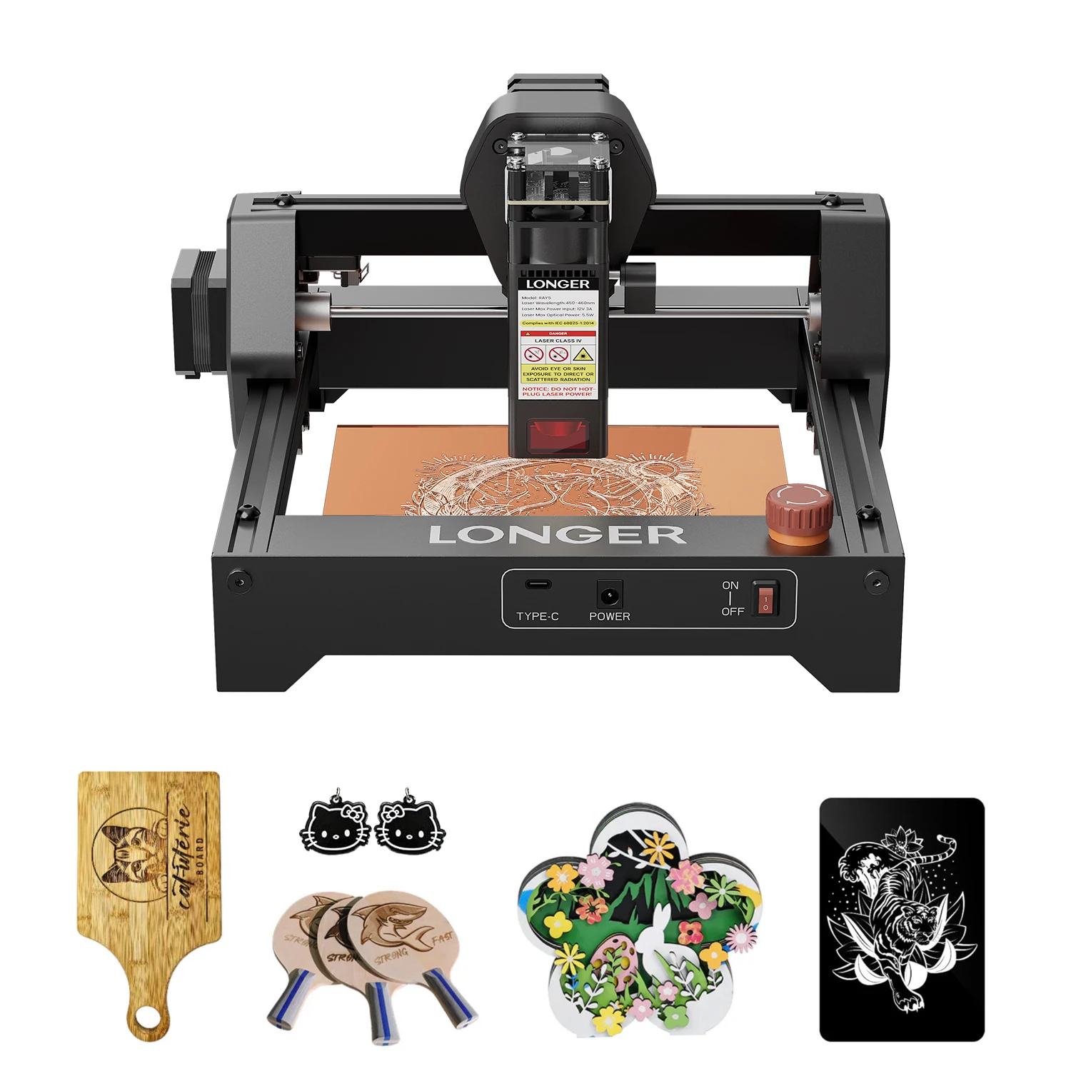 Machine de gravure laser Longer Ray5 mini 5,5W 130*130mm, contrôle par application, 12 000 mm/min, bois et cuir
