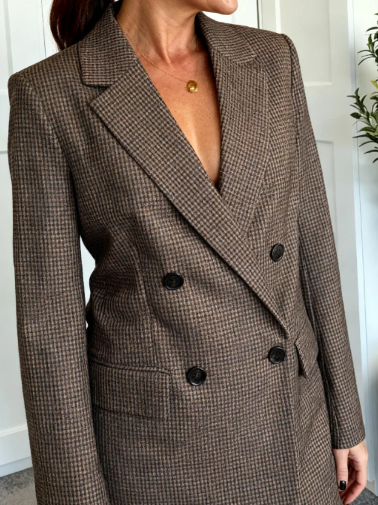 

Women's Plaid Double Breasted Blazer Coat Casual Long Sleeve Lapel Suit Jacket 2025 Autumn New Fashion Outerwear Office Outfit