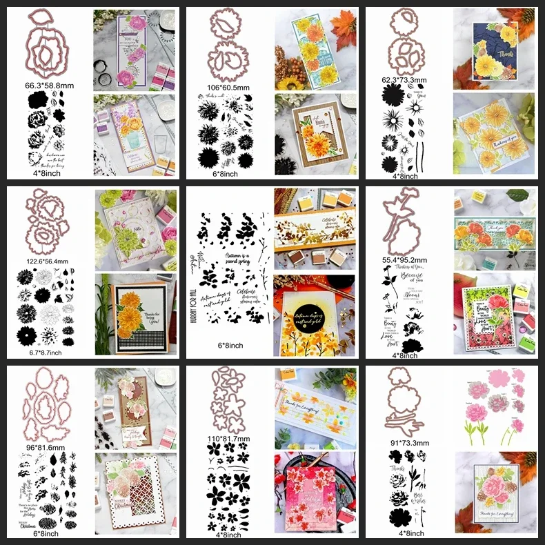 Metal Cutting Dies Match Clear Silicone Stamps Mix Flowers Leaves Branch Letter Words Sentence Alphabet Template Make Cards New