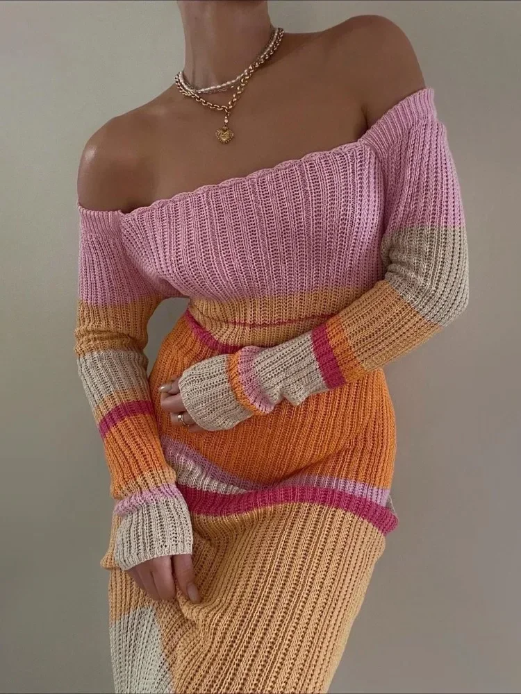 Vestido largo a rayas de punto calado para mujer, vestido largo elegante de manga larga con contraste de cintura alta para vacaciones de otoño para mujer