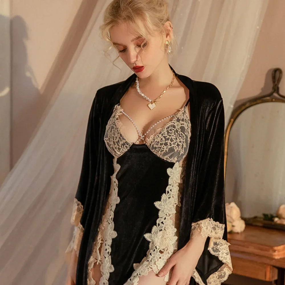 

Black Velvet Women Twinset Robe Set Sexy Lace Trim Nightgown Sleepwear Autumn Winter Velour Home Dressing Gown Loose Lounge Wear