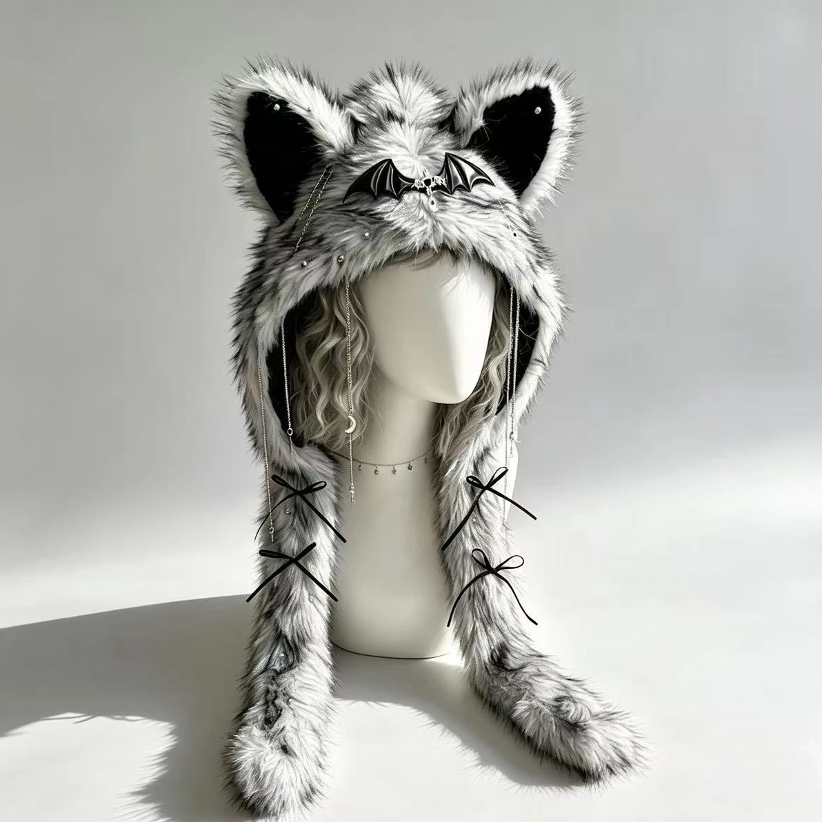 Goth Punk Alt Faux Fur Wolf Ear Hooded Scarf Hat Bat Pendant Chain Winter Plush Hat for Halloween Cosplay Harajuku Y2K Street