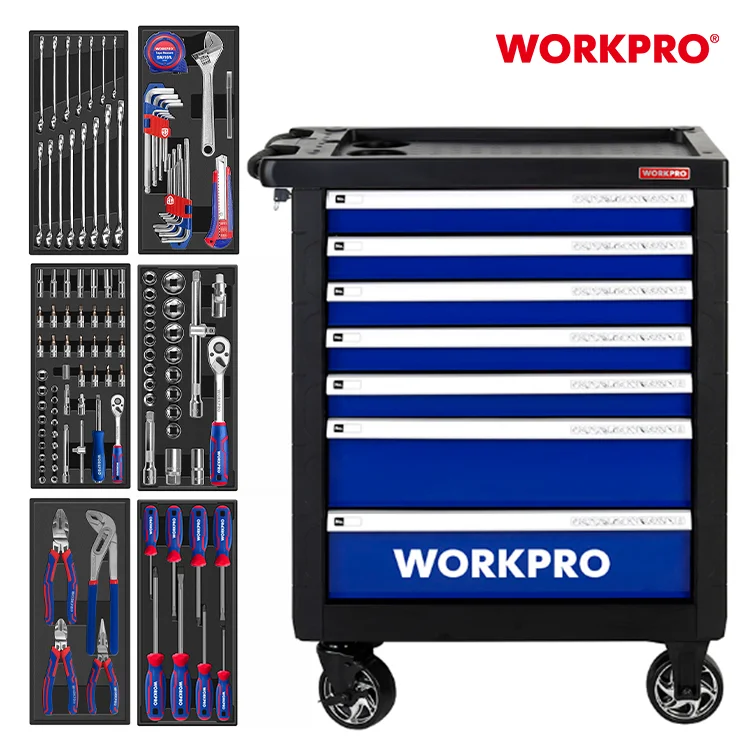 WORKPRO  Professional 7 Drawer Workbench Workshop Garage Metal Rolling Wheels Tool Box Roller Trolley Cart Tool Cabinets