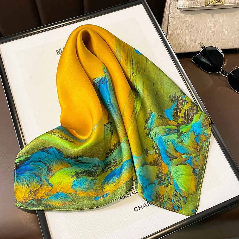 53cm Women Pure Silk Scarf Square Neck Kerchief Bandana Female Floral Hairbands Luxury Small Real Silk Satin Scarves