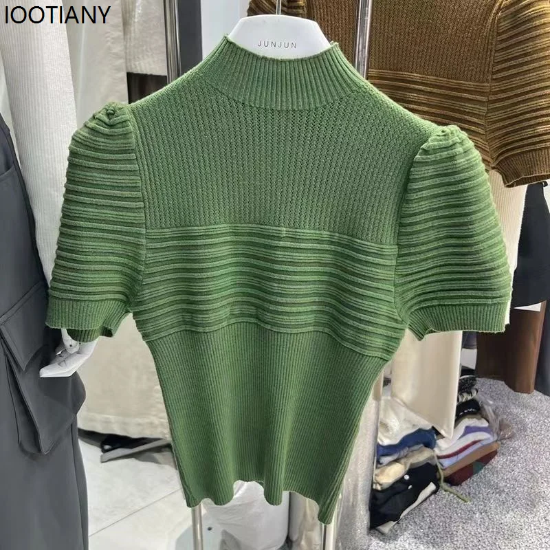 Frauen Herbst High-neck Gestrickte Slim Fit Pullover Topthin Kurze Puff Sleeve Einfarbig Winter frauen Pullover Pullover t-shirt