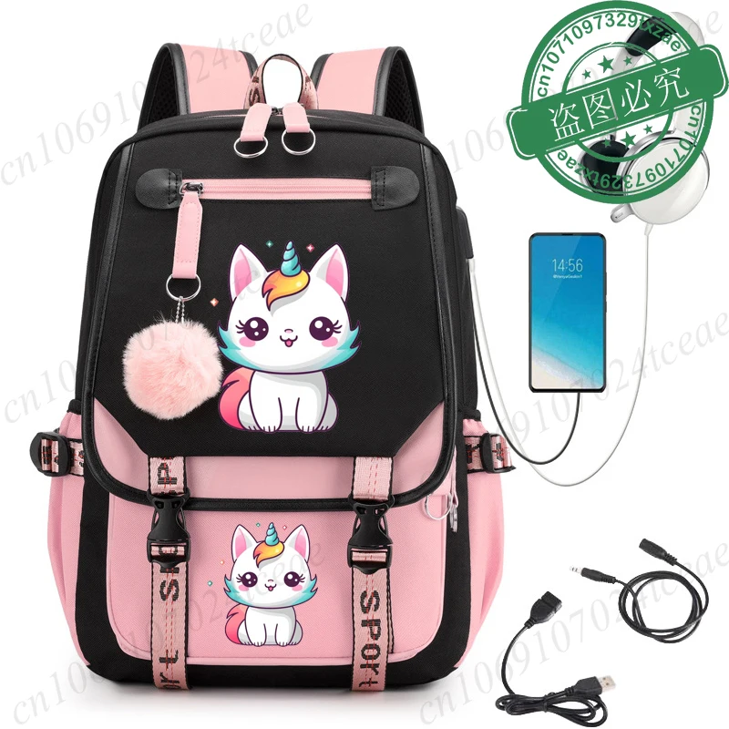 

New Fashion High Capacity College Backpack Bags Trendy Girls Laptop School Bags Kawaii Caticorn Unicorn Cat Girl Travel Book Bag