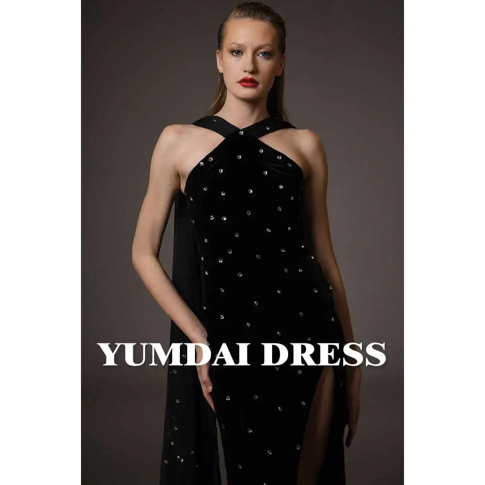 YUMDAI Luxury Dubai Black Rhinestone Women's Sleeveless Party Trailing Dress 2024 High-End Formal Stage Chiffon Evening Dress