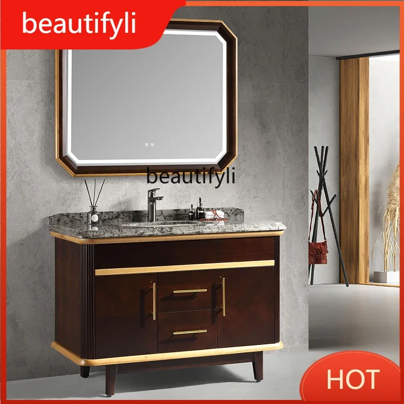 54Chinese Style Black Walnut Bathroom Cabinet Washstand Floor Cabinet Wash up Sink Light Luxury Wash Basin