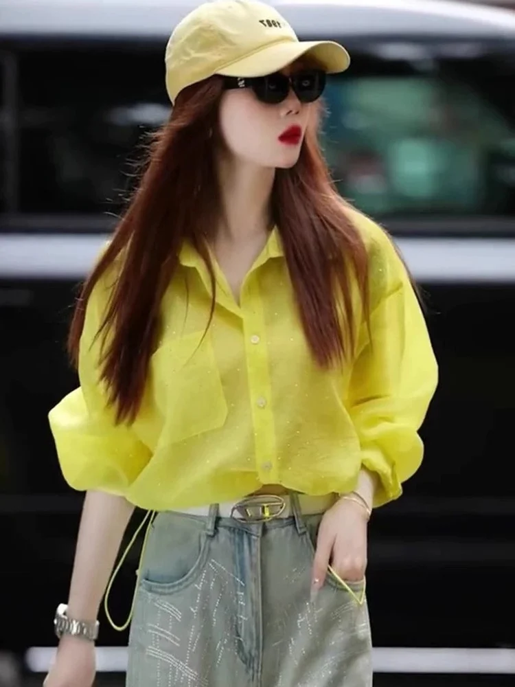 Faionable Yellow Lightweight Loose Sun Protection irt Breathable Thin  Collar Single Button Commute Sle Women's irt