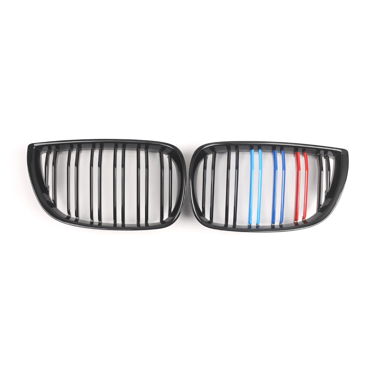 Car Front Hood Double Slat M‑Style Kidney Grille Gloss Black With M Tri‑Color Stripes Pair For BMW E81 E87 2004 2005 2006 2007