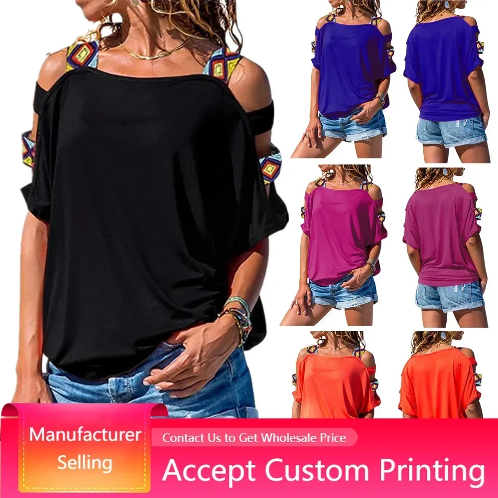 

Summer Short Sleeve Fashion Women's Solid Color Hollow Short Sleeve Off Shoulder T-shirt Loose Casual Solid Color Blouse