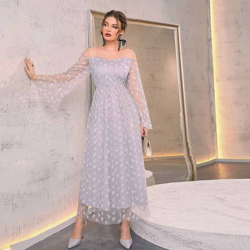 2023 Hot Selling Mesh Flare Sleeve Temperament High Waist A-line Long Dress Vestidos Elegant and Pretty Women's Dresses