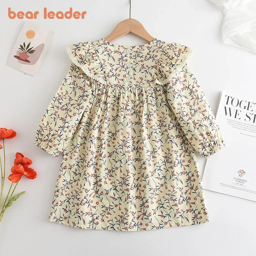 Bear Leader 2026 Frühling Herbst Gelbes Blumenmuster Mädchenkleider Langarm Rundhals Kinderkleid Koreanische Version Kinderbekleidung – Detail 4
