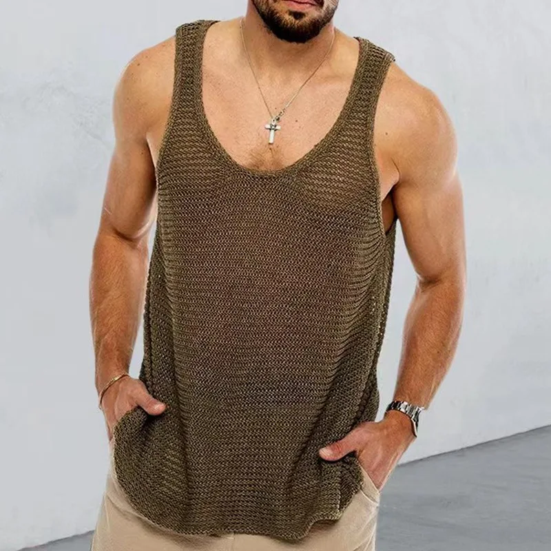 2024 Summer New Men's Solid Color Loose Sleeveless Sweater Wool Woven V-neck Breathable Outdoor Sports Fitness Men's Vest M-3XL