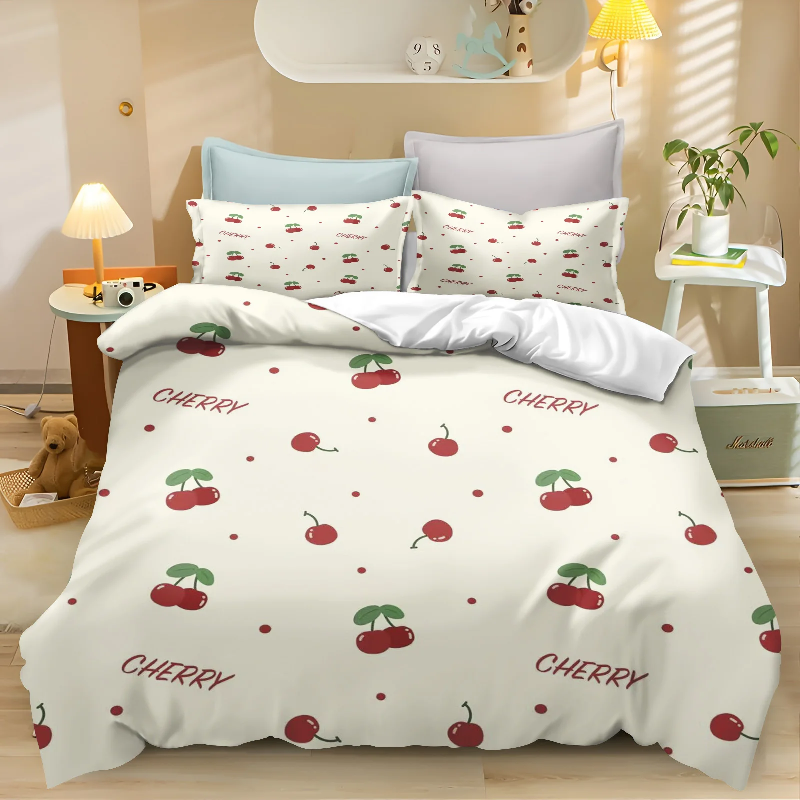 

Cherry Flowers Quilt Duvet Cartoon Cover Queen Size Comforter Bedding Sets King Cute Printed Children Cartoon 3-Piece Set