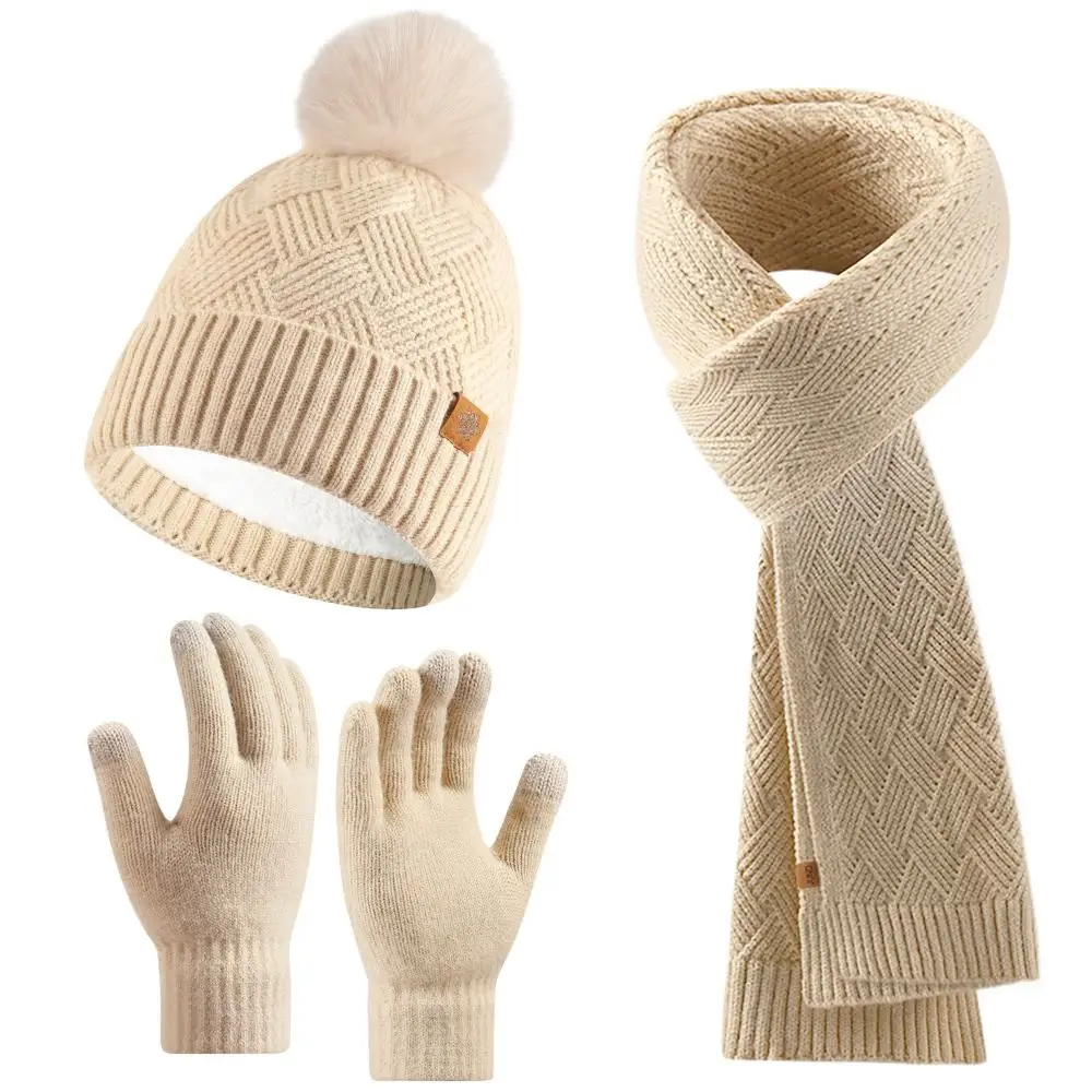 3pcs Neck Protector Solid Color Hat Scarf Gloves Set Warm Wool Thermal Knit Cap Simple Soft Winter Beanie Hat Cold Weather