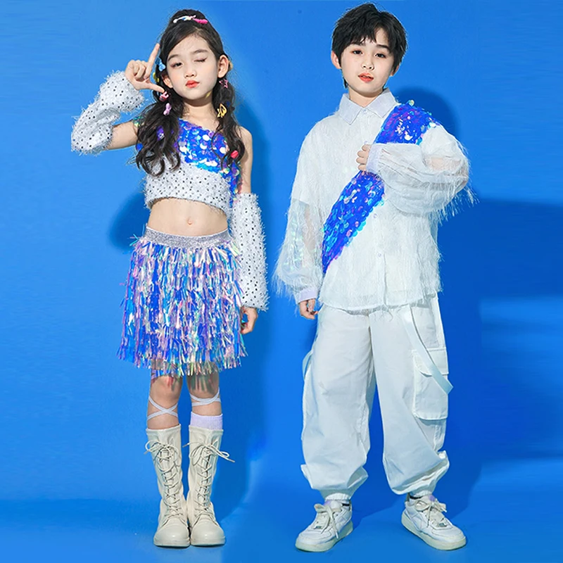 Kid Jazz Dance Performance Outfits Shiny Fashionable Hip Hop Street Dance Children Wear Girl Group Fashion Show White Set VBH670