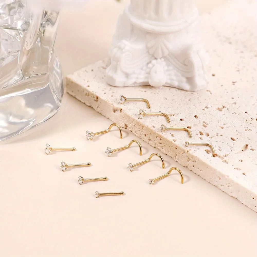 Conjunto de 12pcs 20G Dorado Nariz Studs para Hombres Mujeres Hipoalergénico Redondo Cúbico Sintético Zircón ​ Diseños de sacacorchos Nostril Piercing