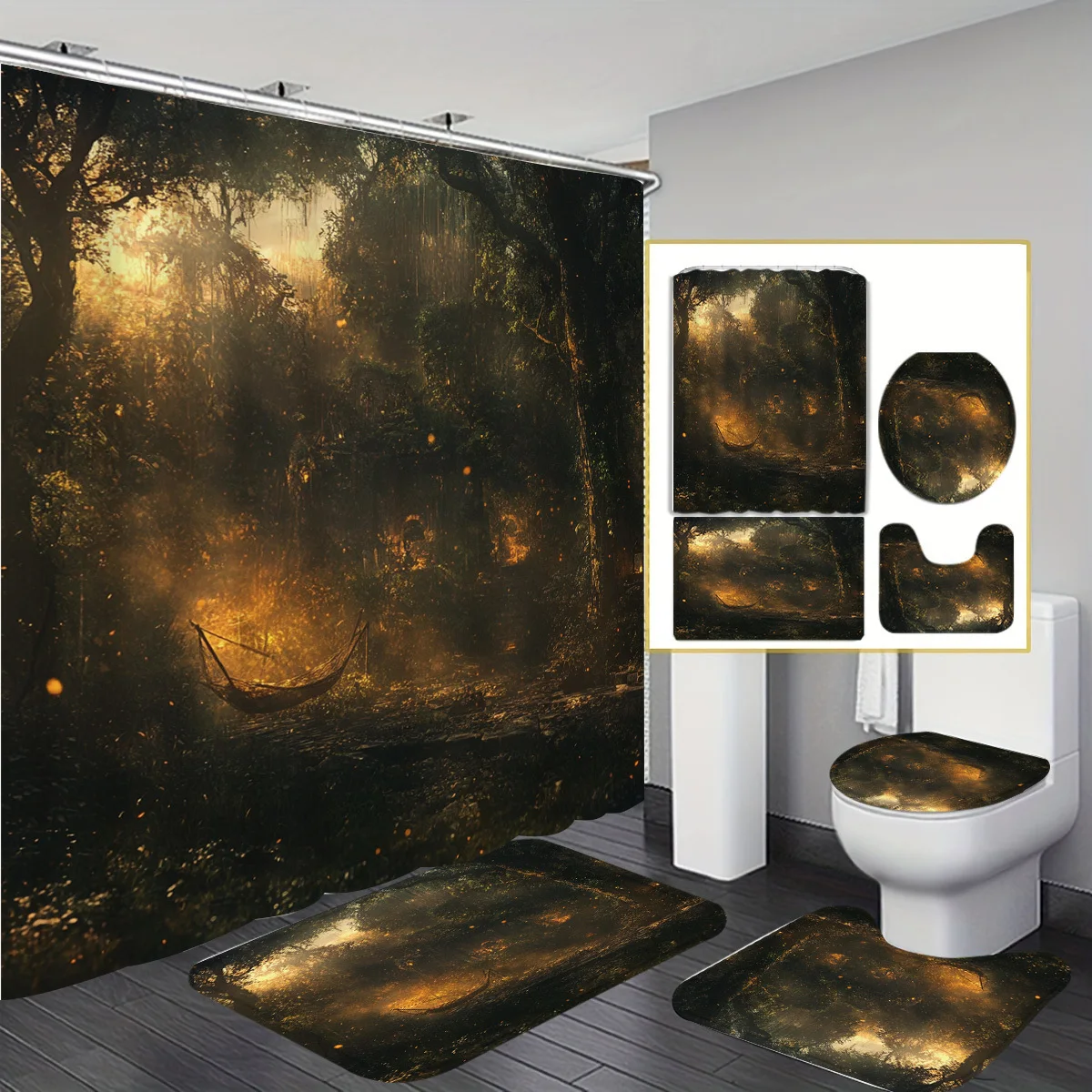 Enchanted Forest Bathroom Set: Waterproof Shower Curtain, Soft Contour Rug, Stylish Toilet Lid Cover, Non-Slip Bathtub Mat