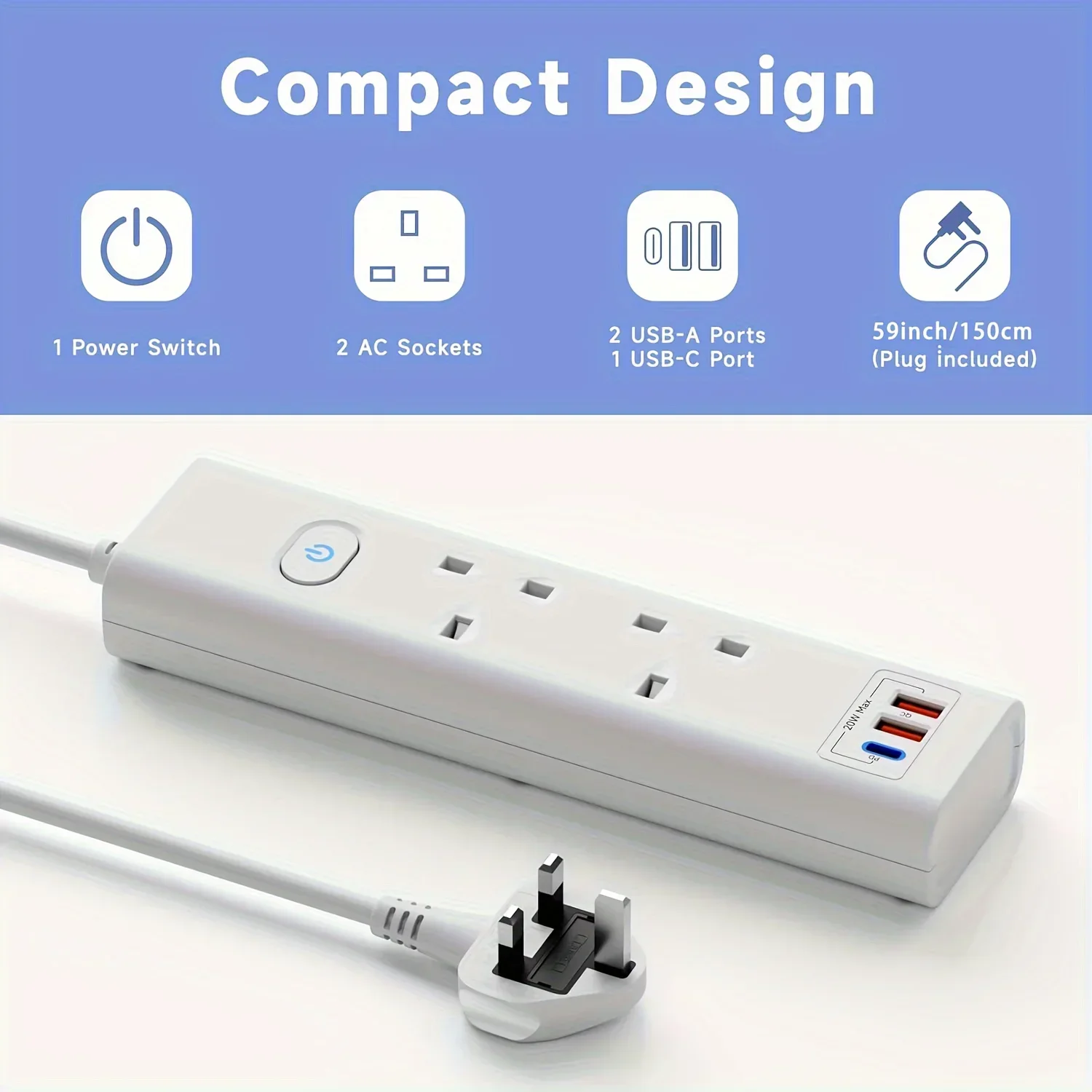 Extension Lead 1.5 M,Fast charging through pd 20w Type-c port, with Main Switch,13A/ 3250W,extension cord power strip