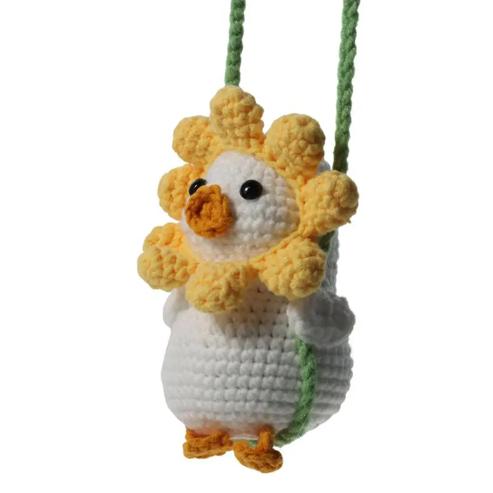 8*13.3cm Car Rearview Mirror Hanging Ornament Swing Duck Handmade Crochet Swing Duck Hanging Ornament with A Sunflower Shaped