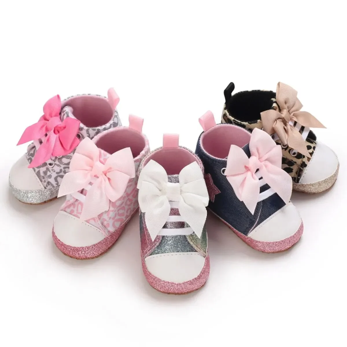 Meckior Baby Star Canvas Shoes Glittering Bowknot Soft Sole Anti Slip Baby Girls Shoes High-top Toddler Lace-up Princess Shoes