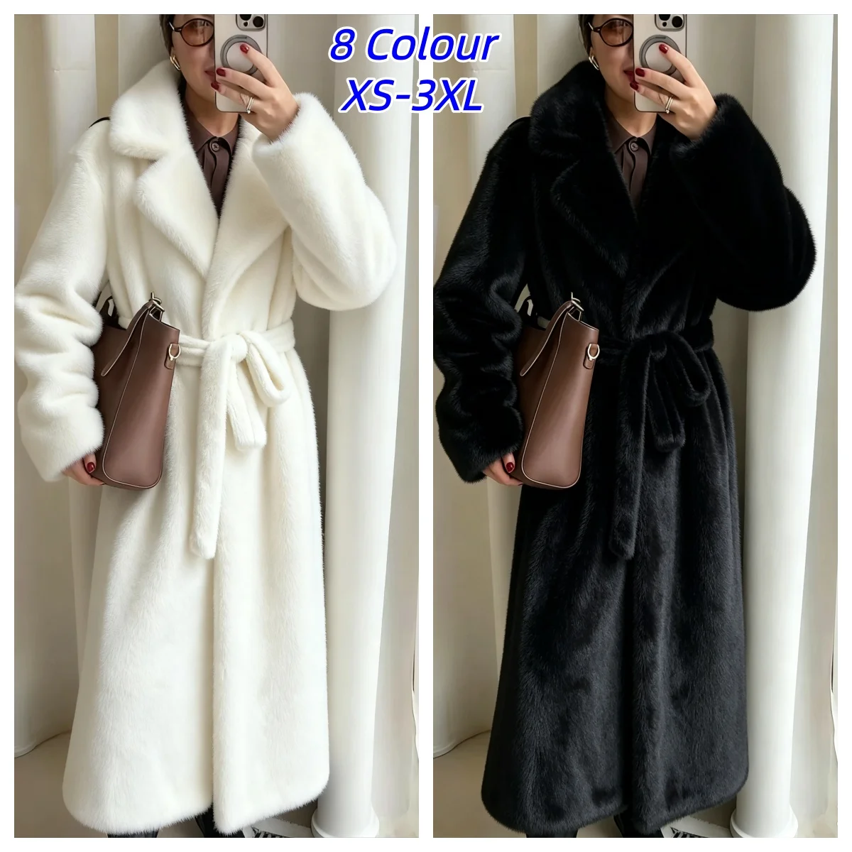 Women's Fashion Lace-up Coat Plain High-end Fur Long-sleeved Pocket Lapel Top Autumn and Winter New Fur Coat Warm Outwear