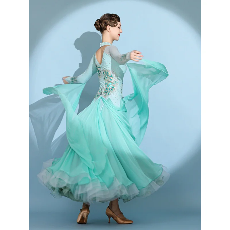 Padrão nacional dança moderna grande balanço vestido para valsa s7103 diamante cravejado desempenho traje