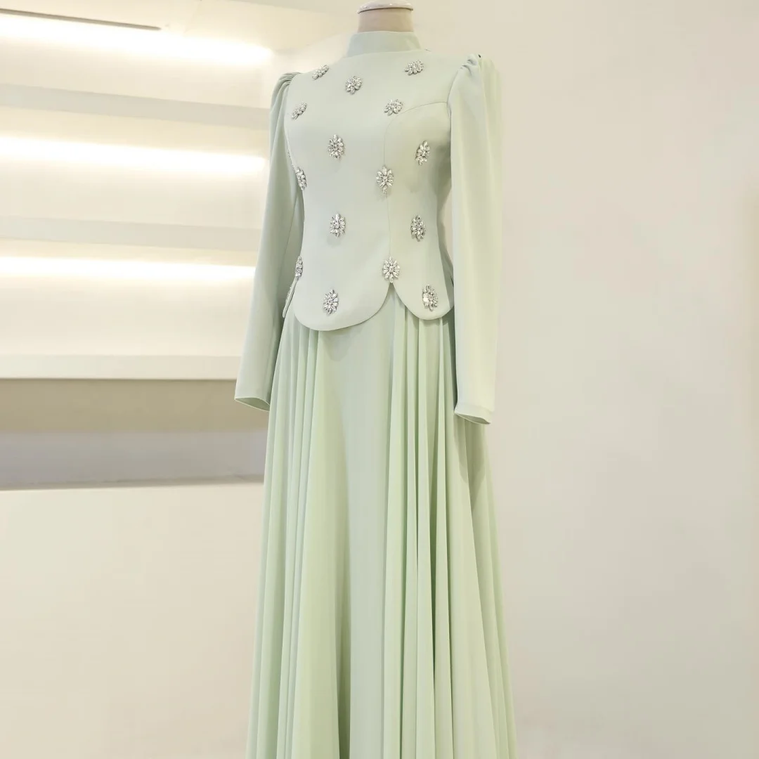 Bella op maat gemaakte lichtmunt hoge hals lange mouwen robes de soirée kralen decor geplooide rok feestjurken lange jurk stijlvol