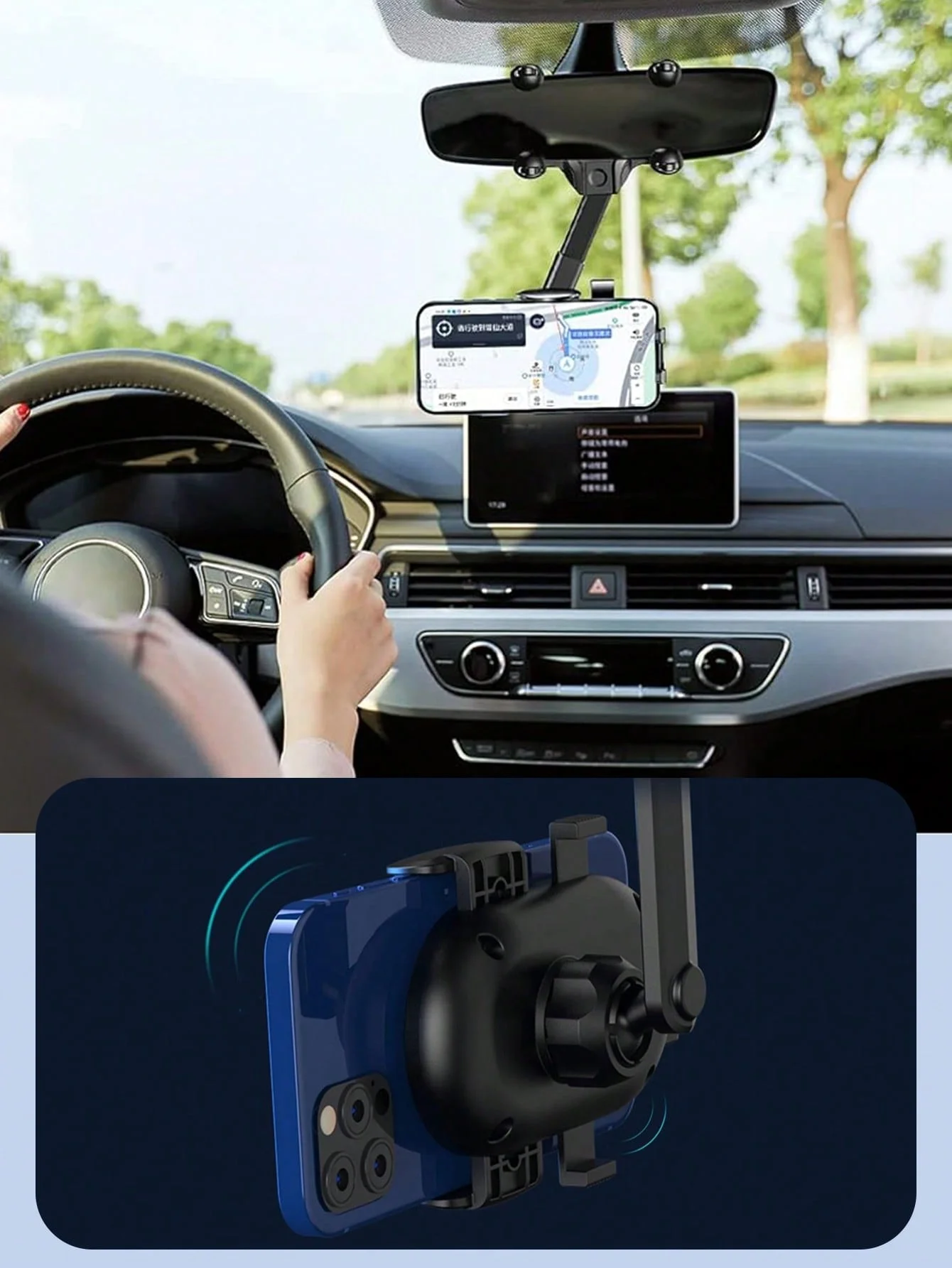 حامل هاتف مرآة السيارة العالمي – 360 °   حامل دوار لمرآة الرؤية الخلفية، رؤية غير قابلة للحجب، تشغيل بيد واحدة، قابل للتعديل S
