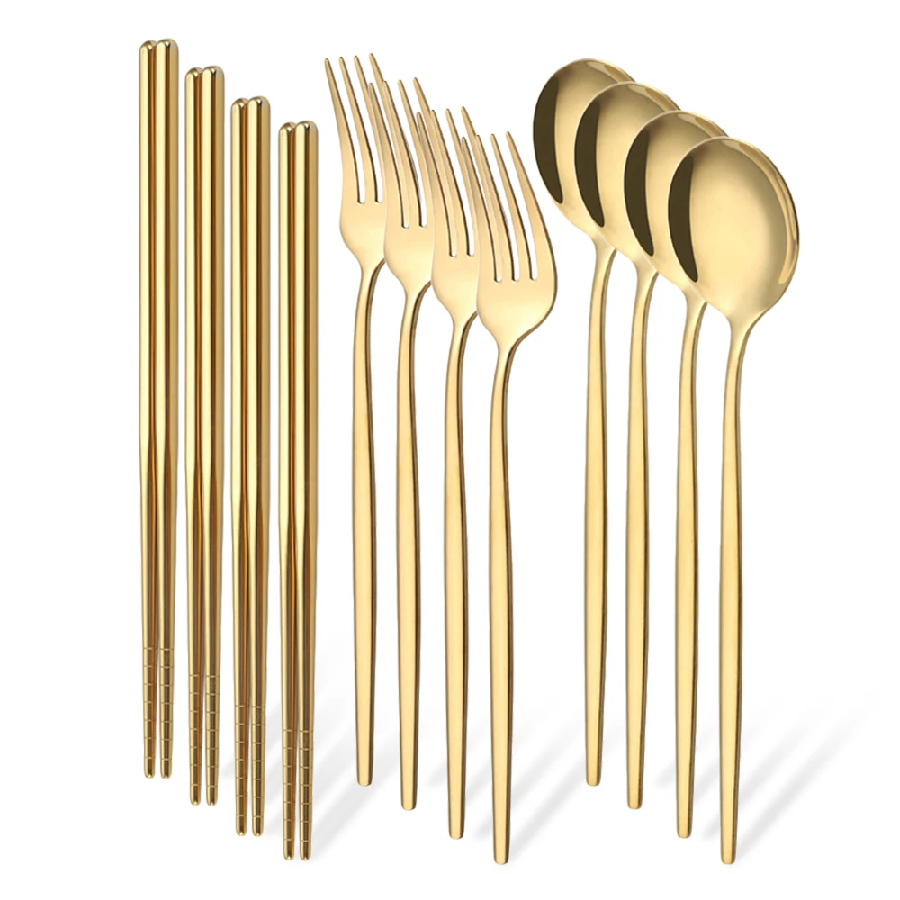 12 Teile/satz Westlichen Goldene Edelstahl Besteck Set Spiegel Geschirr Set Gabel Löffel Stäbchen Geschirr Besteck Set