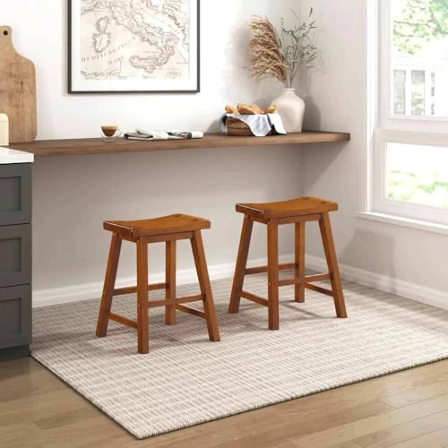 Bar Stool Chair Set of 2 in Oak | Seat Height 18