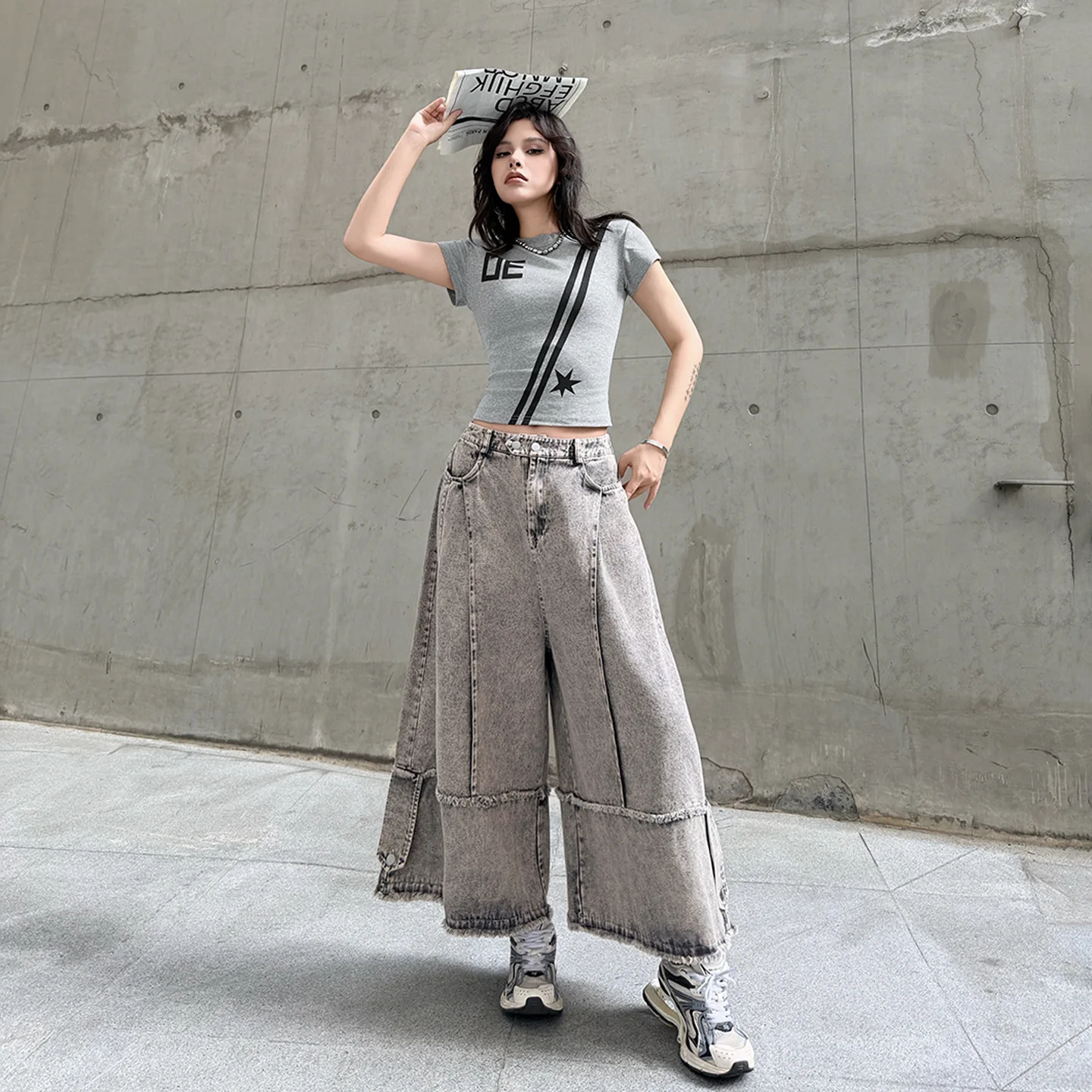 

American-style Slim Short Sleeve T-shirt + Patchwork Denim Wide-leg Pants Two Piece Set Women 2026 Summer New Pant Set XY33