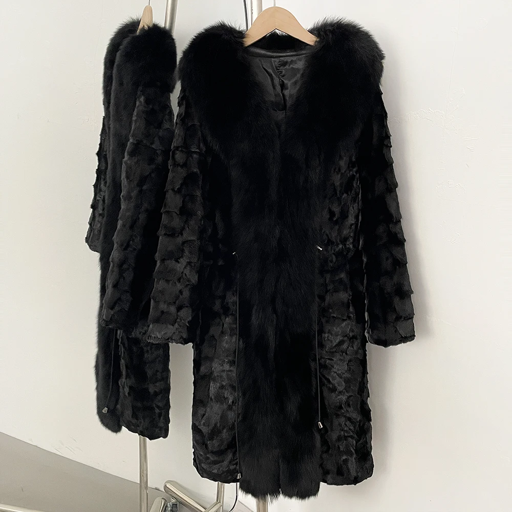 

Reality Fur Coat Warm Real Mink Fur Long Natural Fox Fur Collar Female 2025 New Autumn Winter Long Sleeves Black Outerwear Women