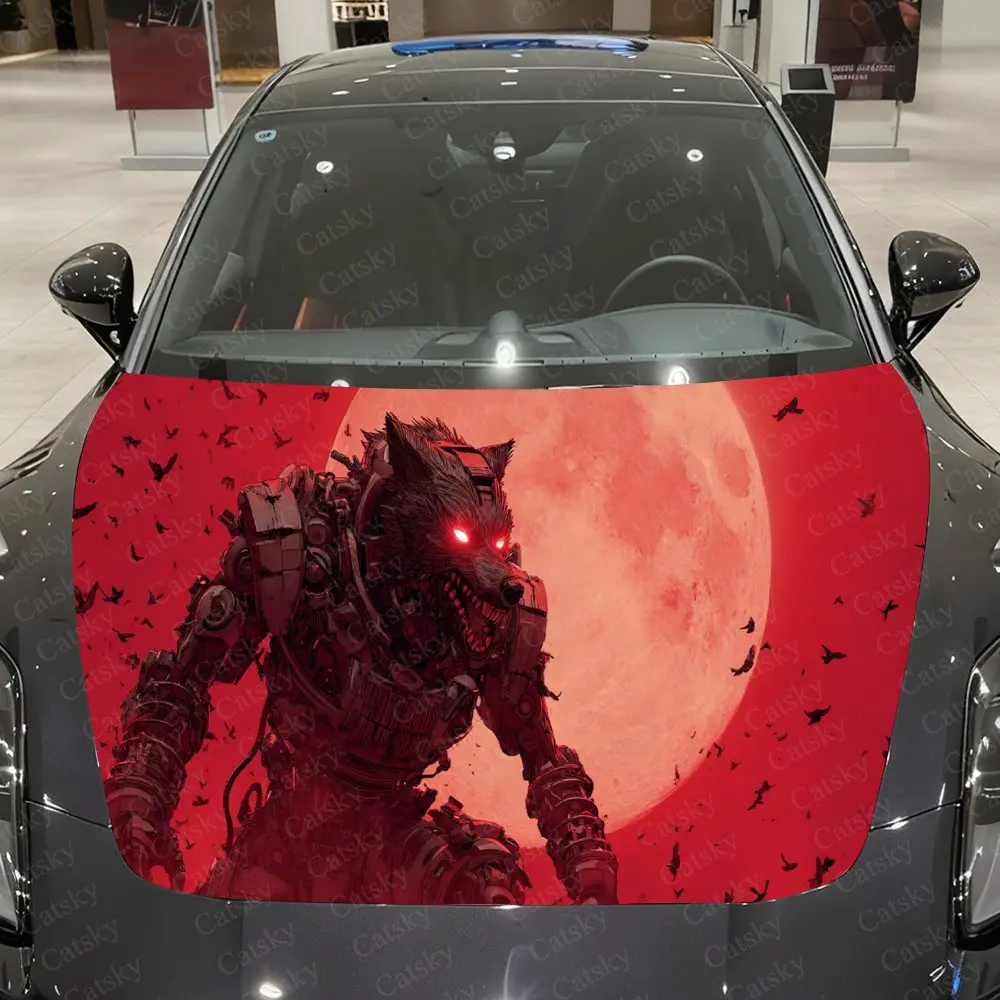 Cyber Wolf Red Moon Auto Hood Sticker, Car Cover Decal, Waterproof and Self-adhesive Auto Vinyl Wraps, Fashionable Car Exterior