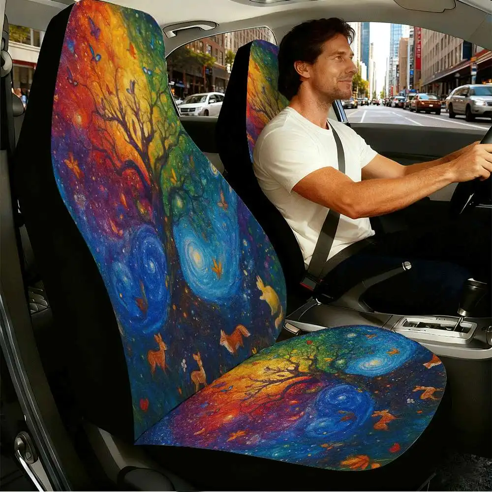 2pcs Enchanted Rainbow Tree With Butterflies And Forest Animals Car Seat Covers Suitable For Front Seats, High Back Design, Mate