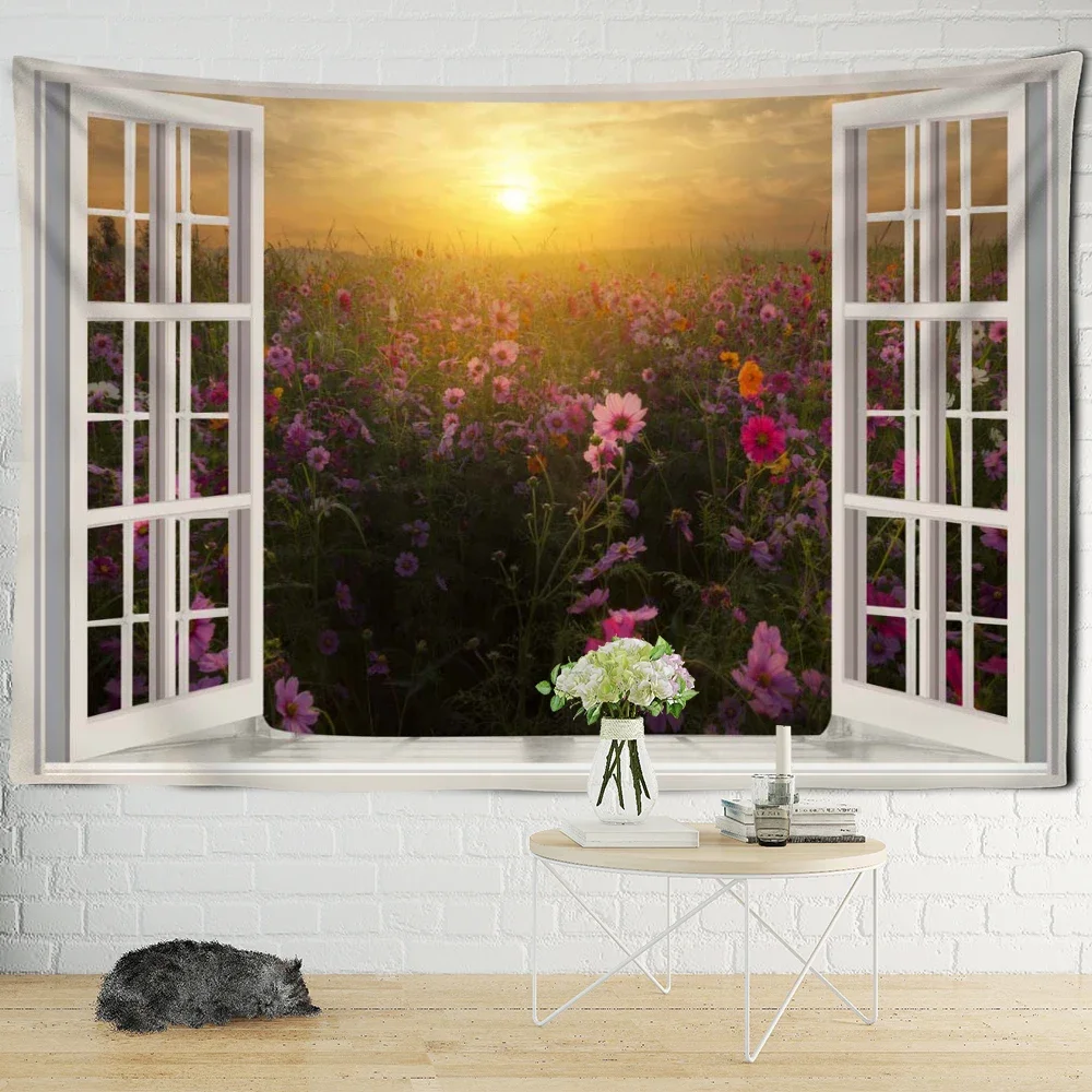 The Garden Outside the Door Tapestry Bohemian Wall Hanging Flower Fields Outside the Window Abstract Art Print Decorative