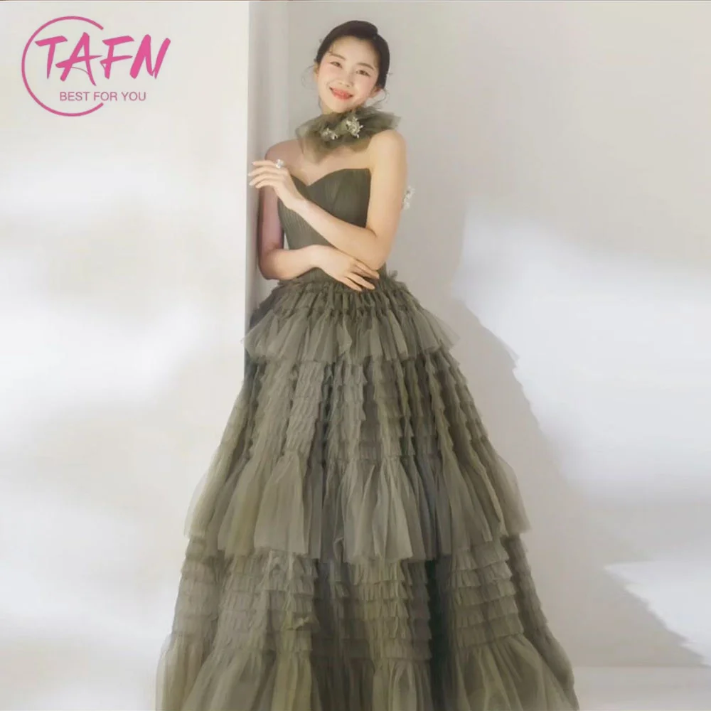 

TAFN Pale Green Gorgeous Wedding Dresses A-line Tiered Tulle Korea Photo Shoot Bridal Gown Custom Made Sleeveless Dress