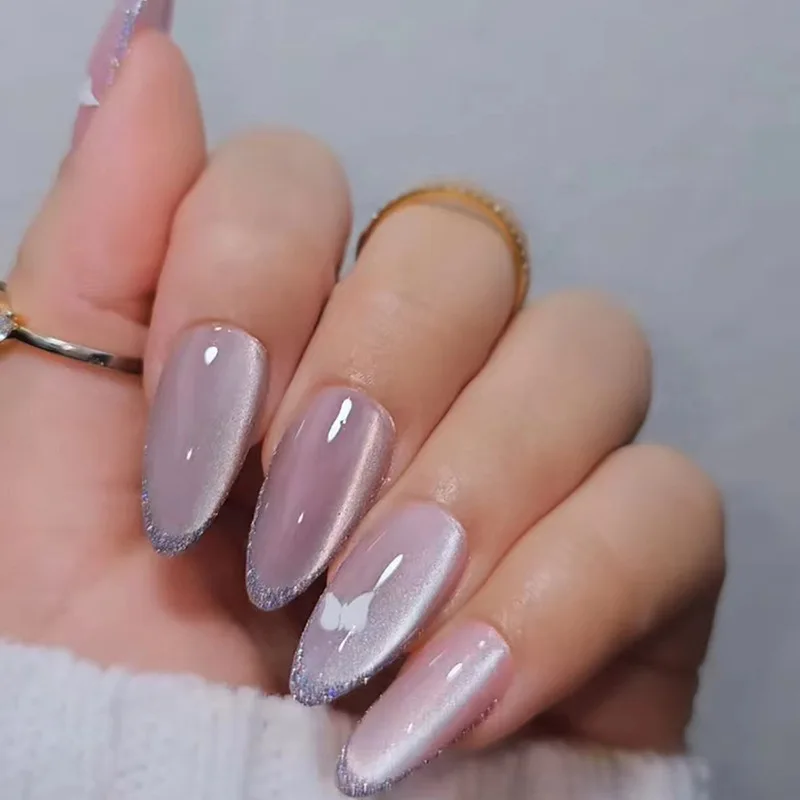 

24pcs French Style Purple Cat Eyes Press on Nails White Butterfly Simple Almond Nails Full Cover Wearable False Nails