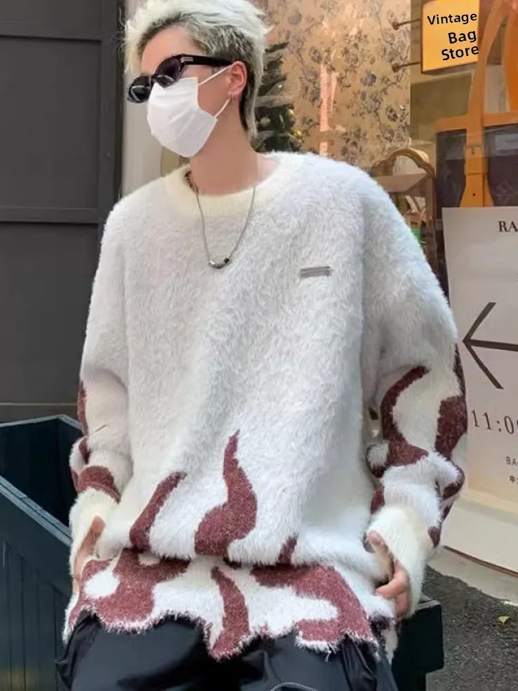 

Flame Tearable Sea Knitwear Men's Loose Lazy American Retro Winter Sweater Casual Comfortable Thiened Long Sve rou...