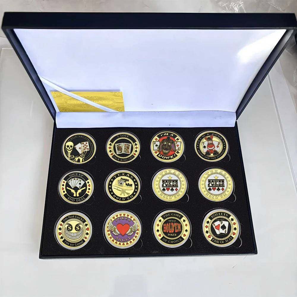 

12pcs/box New Version of Metal Playing Cards Casino Lucky Coins Texas Hold'em Chips Game Coins Gold Plated Coin Holiday Gfit