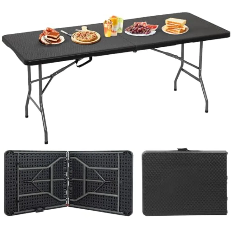 

Outdoor folding camping table, plastic, black rattan, portable square height dining table for picnics, parties, and camping
