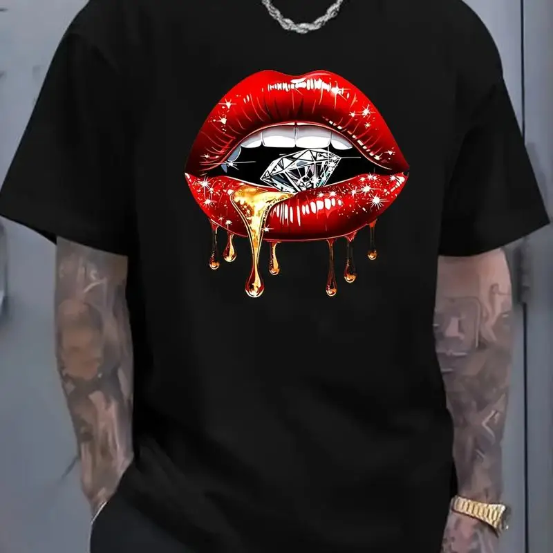 

Men'S Black Cotton T Shirt With Red Lips Diamond Print Äì Casual Summer For