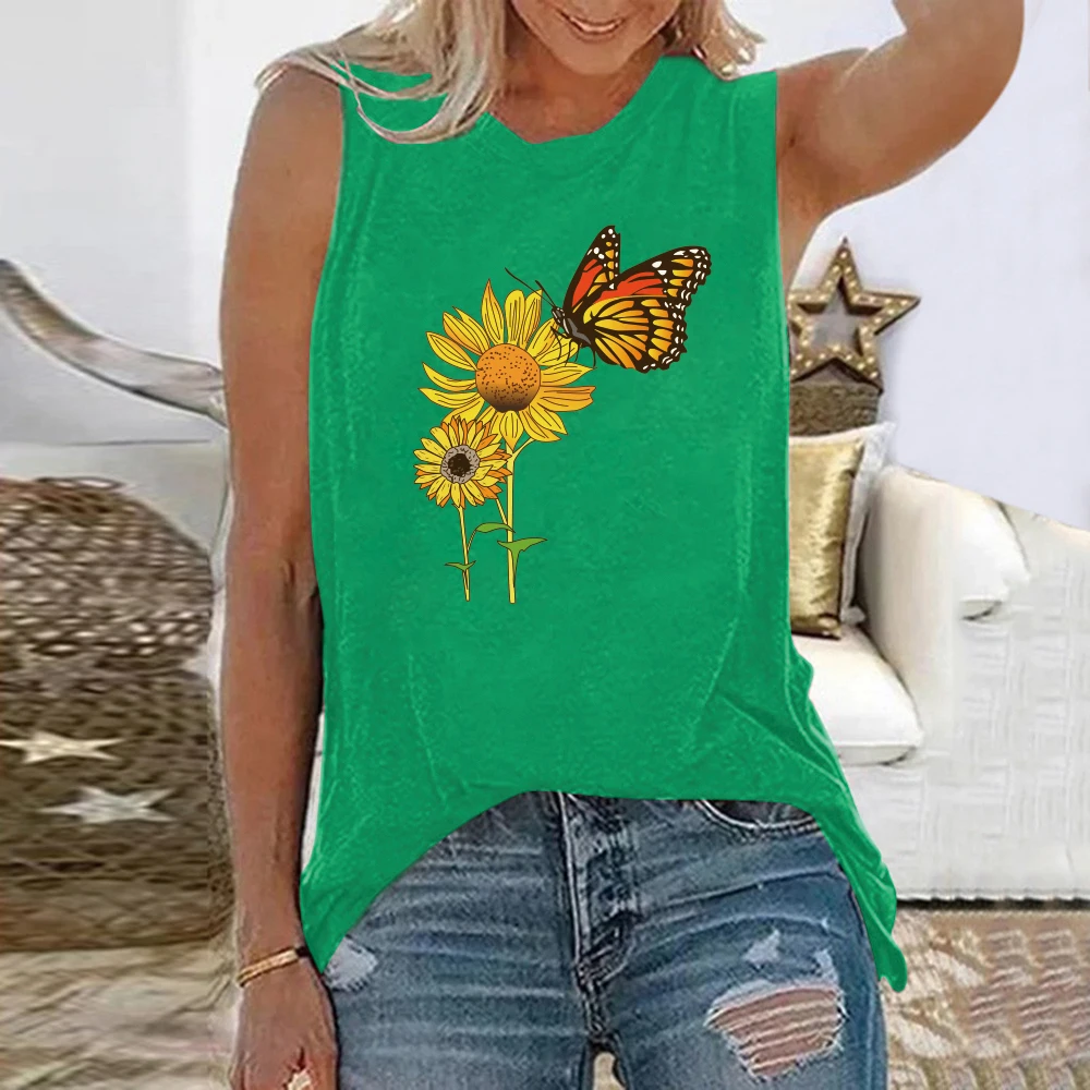 Motyl słonecznik 3D podkoszulki z nadrukiem moda damska bez rękawów kamizelka z okrągłym dekoltem letnia koszulka kobieta casualowe w stylu Streetwear odzież