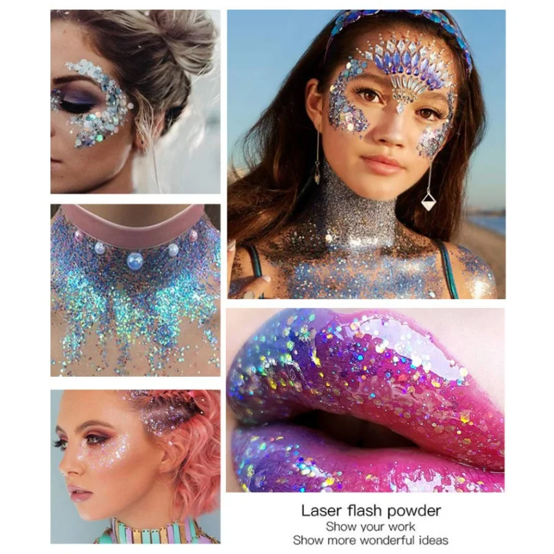 Resaltador brillante multicolor para el cuerpo, lentejuelas de sirena, 50ml, para cara, pelo y sombra de ojos, maquillaje para fiesta y Festival de Música