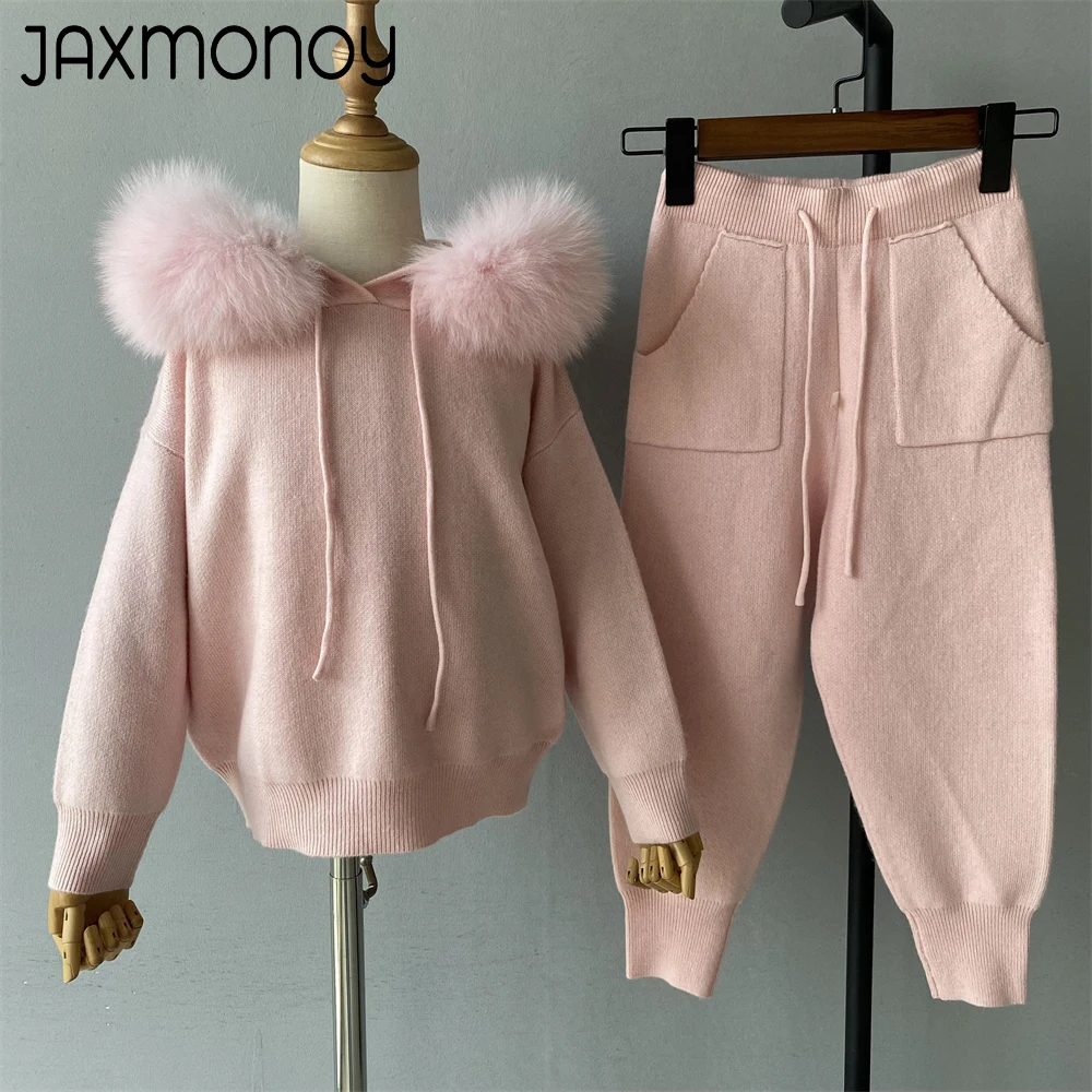 Jaxmonoy Sweater Set for Kids with Real Fur Collar Children Winter Clothes Boy Girl Fashion Warm Wool Blend Knit Sweaters New