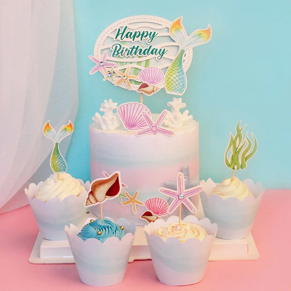 

13Pcs Cake Toppers Mermaid Theme Decorations with Seashell Shapes for Party Cake Decor Dessert Table Accessories