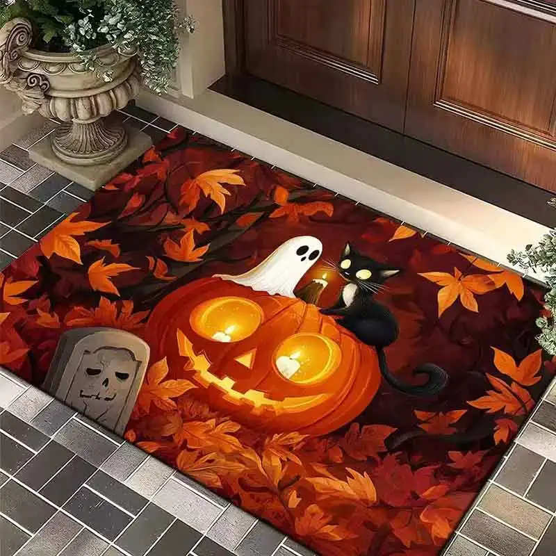 Halloween Scary Door Mat with Spooky Clown Pumpkin Big Eye and Cat Pattern Cushion for Sofa Bedside Kitchen Anti-slip Decoration