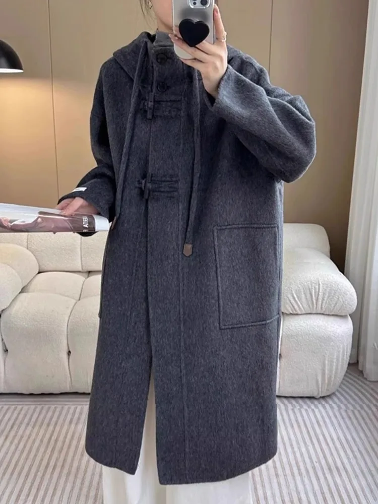 양면 카메라 오버니 코트 여성용 중간 길이 울 코트 한국 스타일 혼 버튼 후드 자켓 가을 겨울 신상...